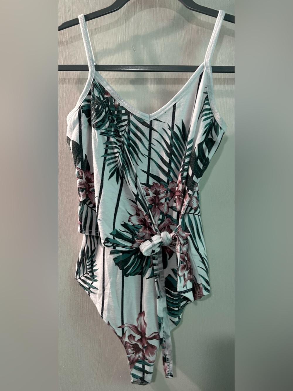 Guess White Tropical Print Tie-Waist Tank Bodysuit Size S